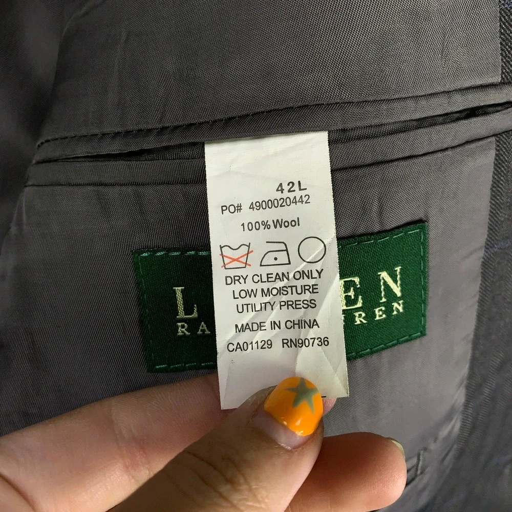 Lauren Ralph Lauren Wool 2 Piece Suit 42L Gray Windowpane Pleated Pants 36x32